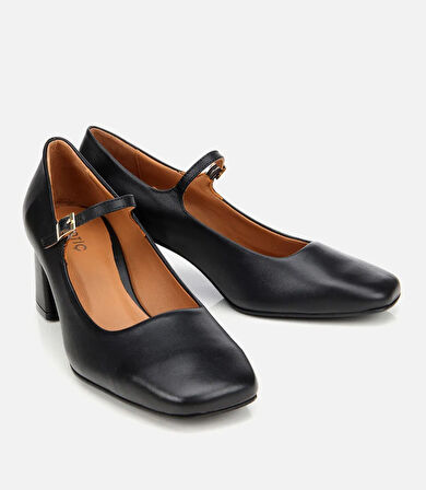 Kadın Deri Siyah Mary Jane Kalın Topuklu Ayakkabı