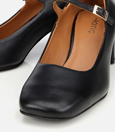 Kadın Deri Siyah Mary Jane Kalın Topuklu Ayakkabı