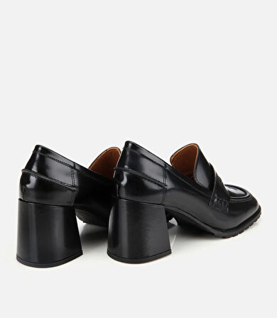 Kadın Açma Deri Siyah Topuklu Klasik Loafer