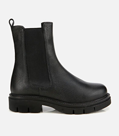 Kadın Deri Siyah Lastik Detaylı Düz Bot