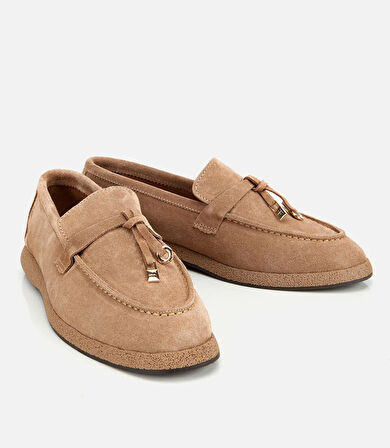 Kadın Süet Deri Vizon Gold Aksesuarlı Klasik Loafer