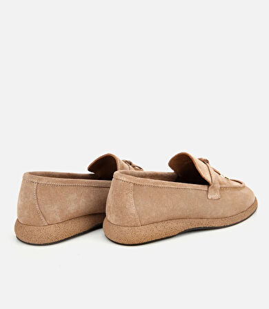 Kadın Süet Deri Vizon Gold Aksesuarlı Klasik Loafer