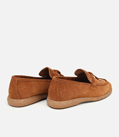 Kadın Süet Deri Taba Gold Aksesuarlı Klasik Loafer