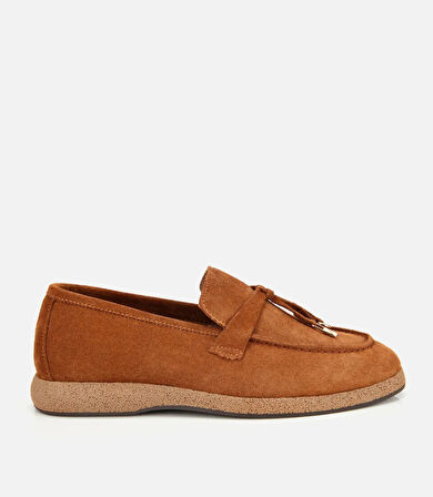 Kadın Süet Deri Taba Gold Aksesuarlı Klasik Loafer