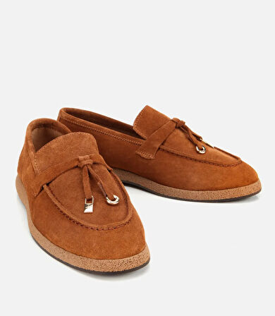 Kadın Süet Deri Taba Gold Aksesuarlı Klasik Loafer