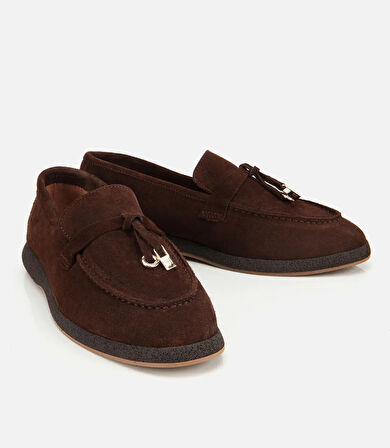 Kadın Süet Deri Kahverengi Gold Aksesuarlı Klasik Loafer