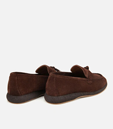 Kadın Süet Deri Kahverengi Gold Aksesuarlı Klasik Loafer