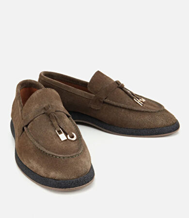 Kadın Süet Deri Haki Gold Aksesuarlı Klasik Loafer