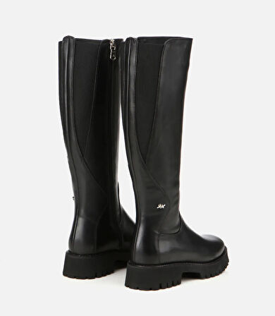 Kadın Deri Siyah Lastik Detaylı Binici Düz Çizme