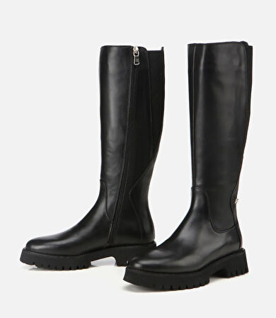 Kadın Deri Siyah Lastik Detaylı Binici Düz Çizme