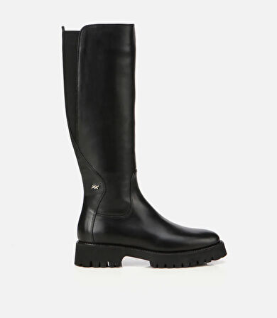 Kadın Deri Siyah Lastik Detaylı Binici Düz Çizme