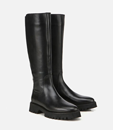 Kadın Deri Siyah Lastik Detaylı Binici Düz Çizme