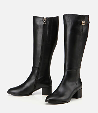 Kadın Deri Siyah Tokalı Topuklu Çizme