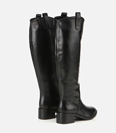 Kadın Deri Siyah Binici Uzun Düz Çizme