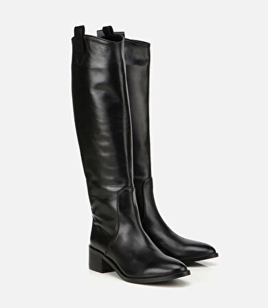 Kadın Deri Siyah Binici Uzun Düz Çizme