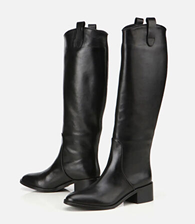 Kadın Deri Siyah Binici Uzun Düz Çizme