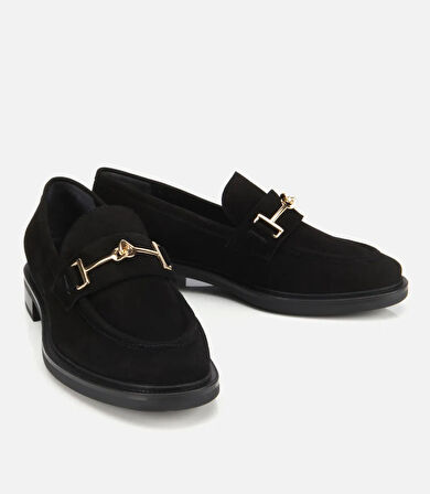 Kadın Süet Deri Siyah Tokalı Klasik Loafer