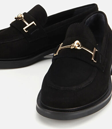 Kadın Süet Deri Siyah Tokalı Klasik Loafer