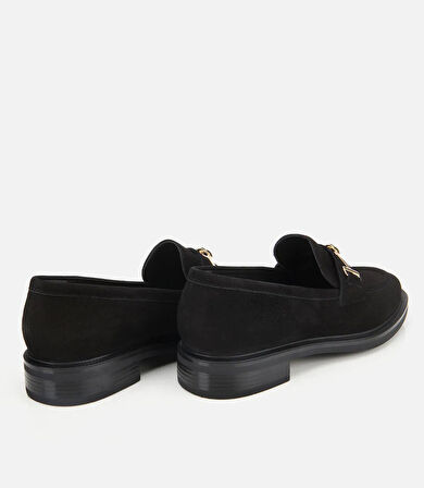 Kadın Süet Deri Siyah Tokalı Klasik Loafer