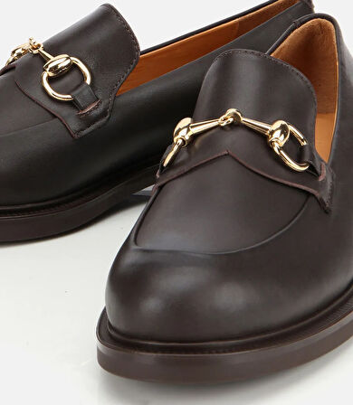 Kadın Deri Kahverengi Tokalı Klasik Loafer