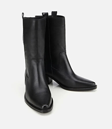 Kadın Deri Siyah Western Topuklu Bot