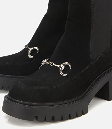 Kadın Süet Deri Siyah Tokalı Kalın Tabanlı Topuklu Bot