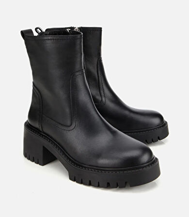 Kadın Deri Siyah Streç  Bilekte Düz Bot