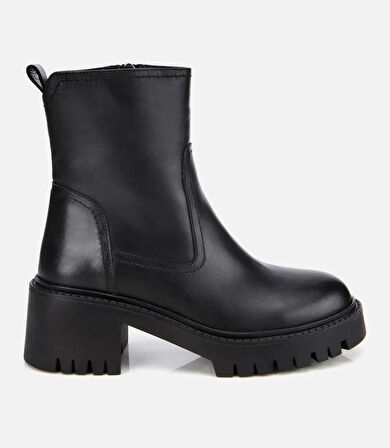 Kadın Deri Siyah Streç  Bilekte Düz Bot