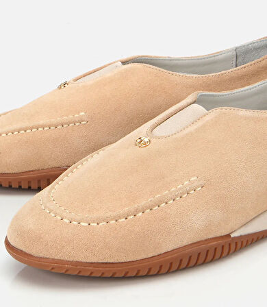 Kadın Süet Deri Bej Lastik Detaylı Günlük Loafer