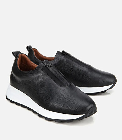 Kadın Deri Siyah Lastik Detaylı Spor Ayakkabı