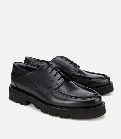 Erkek Deri Siyah Dikiş Burunlu Kalın Tabanlı Günlük Ayakkabı