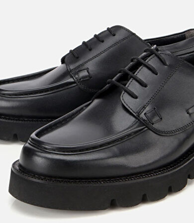 Erkek Deri Siyah Dikiş Burunlu Kalın Tabanlı Günlük Ayakkabı