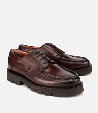 Erkek Deri Kahverengi Dikiş Burunlu Kalın Tabanlı Günlük Ayakkabı