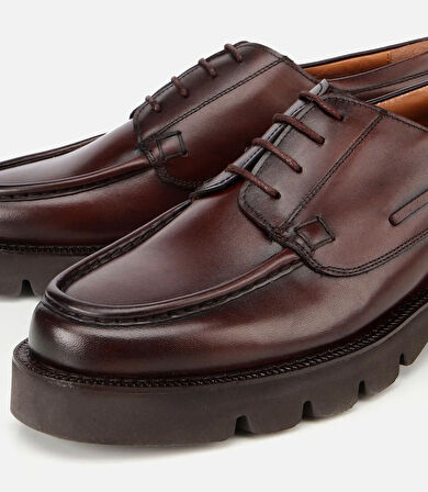 Erkek Deri Kahverengi Dikiş Burunlu Kalın Tabanlı Günlük Ayakkabı