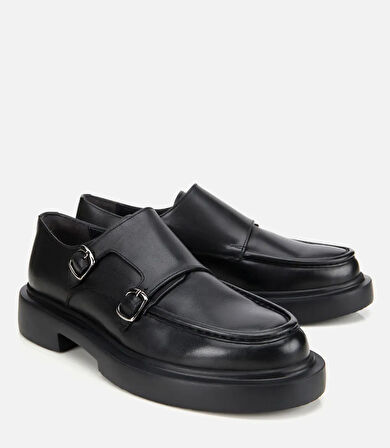 Erkek Deri Siyah Metal Tokalı Klasik Loafer