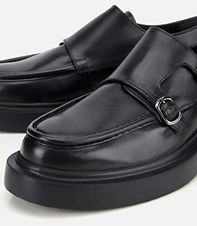 Erkek Deri Siyah Metal Tokalı Klasik Loafer