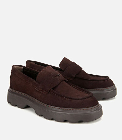 Erkek Süet Deri Kahverengi Kalın Tabanlı Günlük Loafer