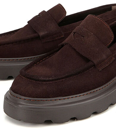 Erkek Süet Deri Kahverengi Kalın Tabanlı Günlük Loafer