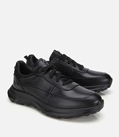 Erkek Deri Siyah Yumuşak Dokulu Yüksek Tabanlı Spor Ayakkabı