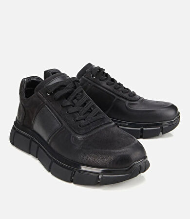 Erkek Nubuk Deri Siyah Kalın Tabanlı Spor Ayakkabı