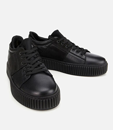 Erkek Deri Siyah Yüksek Tabanlı Spor Ayakkabı