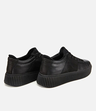 Erkek Deri Siyah Yüksek Tabanlı Spor Ayakkabı