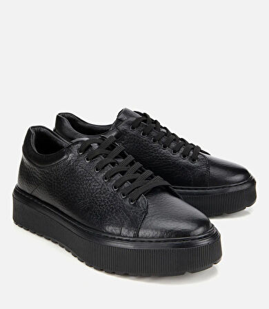 Erkek Deri Siyah Kalın Tabanlı Spor Ayakkabı