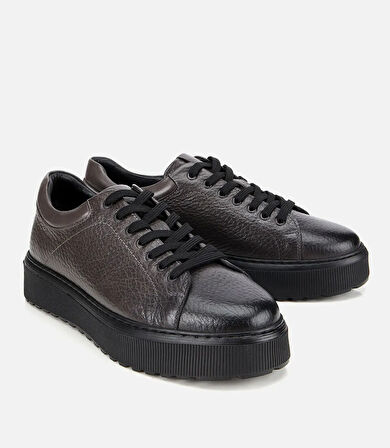 Erkek Deri Gri Kalın Tabanlı Spor Ayakkabı