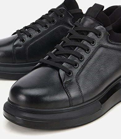 Erkek Deri Siyah Kalın Tabanlı Spor Ayakkabı