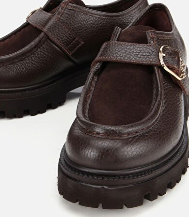 Kadın Süet Deri Kahverengi Toka Detaylı Yüksek Tabanlı Günlük Loafer