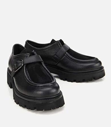 Kadın Süet Deri Siyah Toka Detaylı Yüksek Tabanlı Günlük Loafer