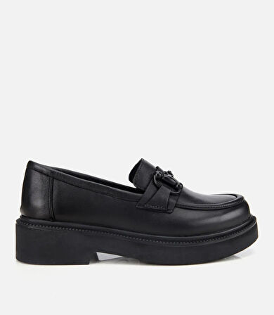 Kadın Deri Siyah Kalın Tabanlı Klasik Loafer
