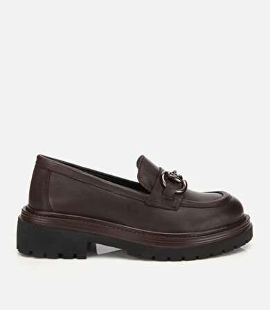 Kadın Deri Kahverengi Tokalı Yüksek Tabanlı Klasik Loafer
