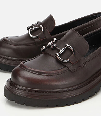 Kadın Deri Kahverengi Tokalı Yüksek Tabanlı Klasik Loafer